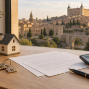 Llaves, documentos, calculadora y una maqueta de vivienda sobre una mesa con vistas a Toledo.