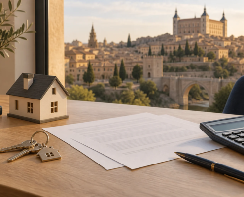 Llaves, documentos, calculadora y una maqueta de vivienda sobre una mesa con vistas a Toledo.