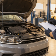 Profesional con guantes y portapapeles inspeccionando un coche con el capó abierto en un taller.
