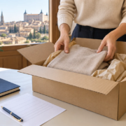 Manos colocando una prenda en una caja de cartón para su devolución, junto a una hoja y un cuaderno.