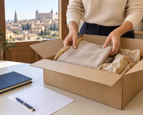 Manos colocando una prenda en una caja de cartón para su devolución, junto a una hoja y un cuaderno.