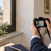 Manos sosteniendo una cámara para fotografiar una mancha de humedad junto a una ventana.