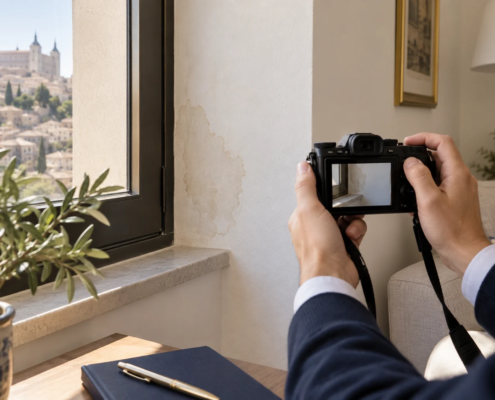 Manos sosteniendo una cámara para fotografiar una mancha de humedad junto a una ventana.