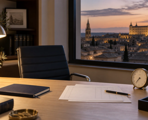 Escritorio al atardecer con hojas de registro horario, un cuaderno y un reloj, con Toledo al fondo.