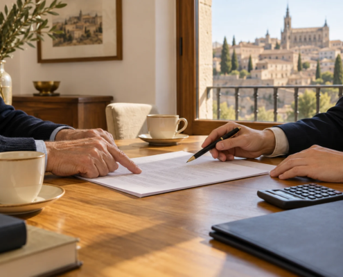 Dos personas adultas revisando un documento junto a una calculadora y tazas sobre una mesa.