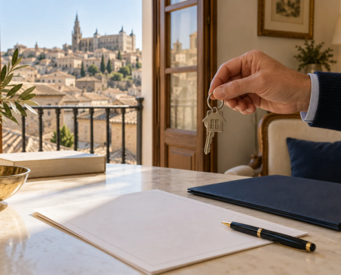 Mano sosteniendo unas llaves sobre una mesa con documentos en una vivienda con vistas a Toledo.
