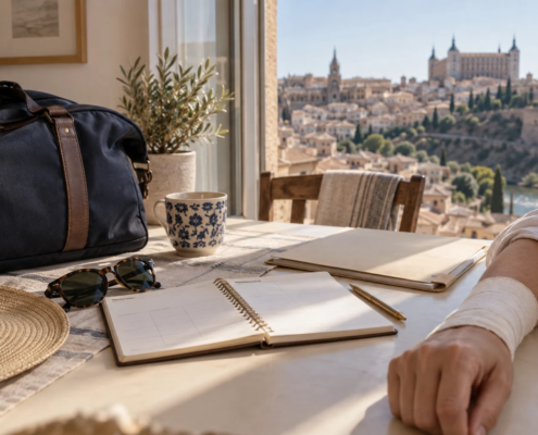 Bolsa de viaje y agenda sobre una mesa junto al brazo vendado de una persona, con Toledo al fondo.